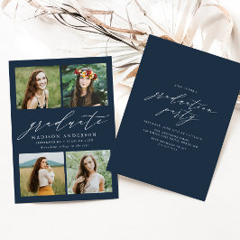 Elegant Script Navy 4 foto afstudeerfeest Kaart