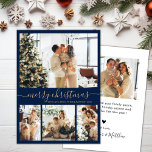 Elegant Script Navy 4 Foto Collage Kerstmis Feestdagenkaart<br><div class="desc">Minimalistische, elegante kalligrafie 4 Foto Collage Merry Kerstmis-kerstkaartje in Navy en Gold. Deze feestelijke, eenvoudige sjabloon met vier (4) fotovakantiekaarten is voorzien van een foto-collage op het raster en zegt "Vrolijk kerstfeest"! De tekst van de groet "Merry Kerstmis" is geschreven in een mooi handgeschreven, met een poster geschreven lettertype. Aan...</div>