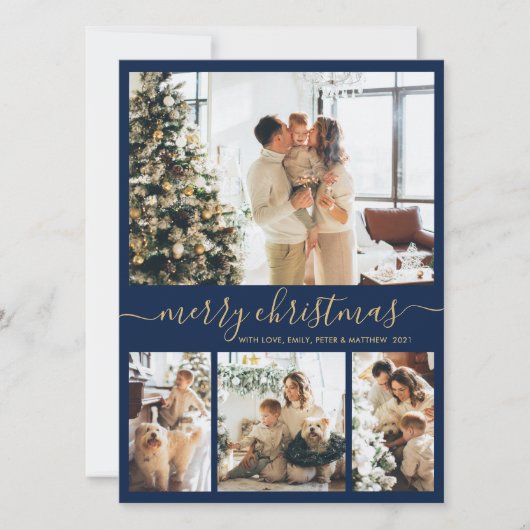 Elegant Script Navy 4 Foto Collage Kerstmis Feestdagenkaart (Voorkant)