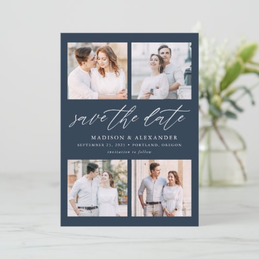 Elegant Script Navy 4 Fotocollage Save The Date (Staand voorkant)