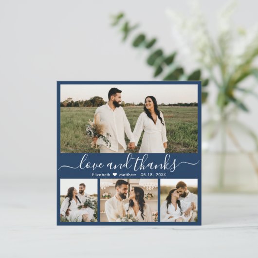 Elegant Script Navy 4 Photo Collage Wedding Bedankkaart (Staand voorkant)