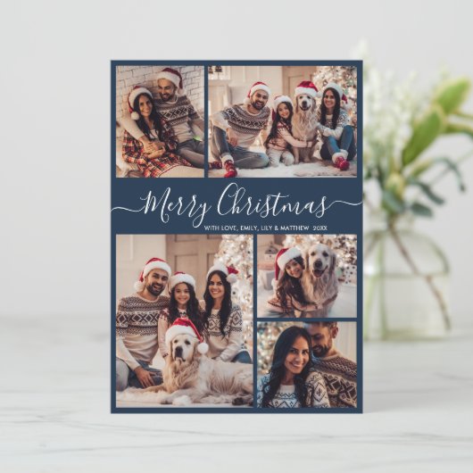 Elegant Script Navy 5 Fotocollage Kerstmis Feestdagenkaart (Staand voorkant)