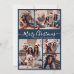 Elegant Script Navy 5 Fotocollage Kerstmis Feestdagenkaart<br><div class="desc">Eenvoudige moderne elegante kalligrafie Navy 5 foto collage Merry Christmas Script vakantie Kaart. Deze feestelijke, grillige, minimalistische vijf (5) foto vakantie wenskaart sjabloon beschikt over een mooie grid fotocollage en zegt "Vrolijk kerstfeest"! De begroetingstekst "Vrolijk kerstfeest" is geschreven in een prachtige handgeschreven wervelige lettertypetypografie of kalligrafiescript op een stoffige marineblauwe...</div>