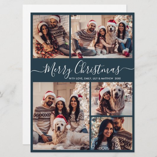 Elegant Script Navy 5 Fotocollage Kerstmis Feestdagenkaart (Voorkant / Achterkant)