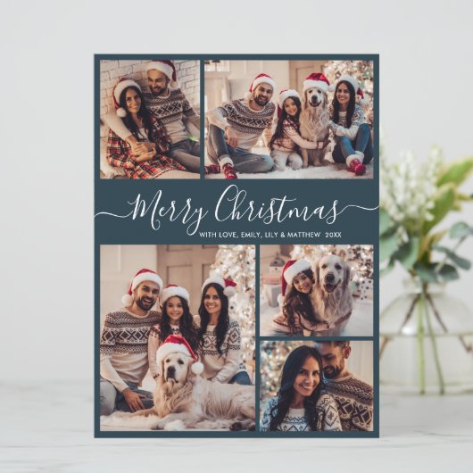 Elegant Script Navy 5 Fotocollage Kerstmis Feestdagenkaart (Staand voorkant)
