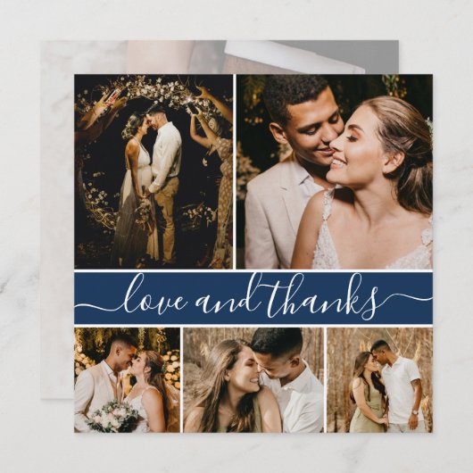 Elegant Script Navy 5 Photo Collage Wedding Bedankkaart (Voorkant / Achterkant)