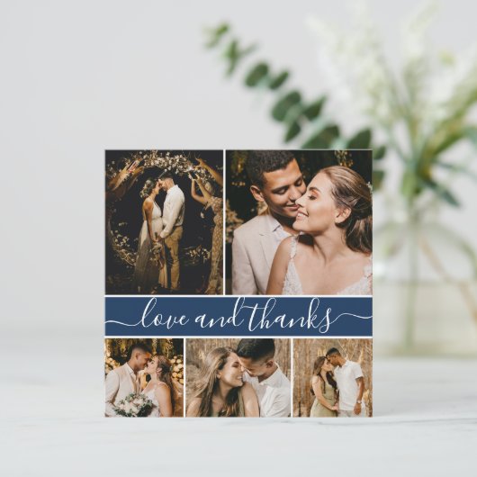Elegant Script Navy 5 Photo Collage Wedding Bedankkaart (Staand voorkant)