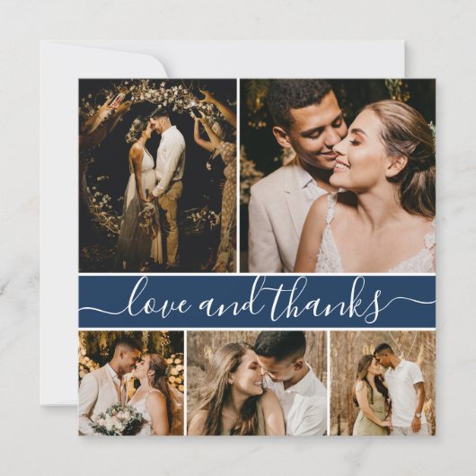 Elegant Script Navy 5 Photo Collage Wedding Bedankkaart (Voorkant)
