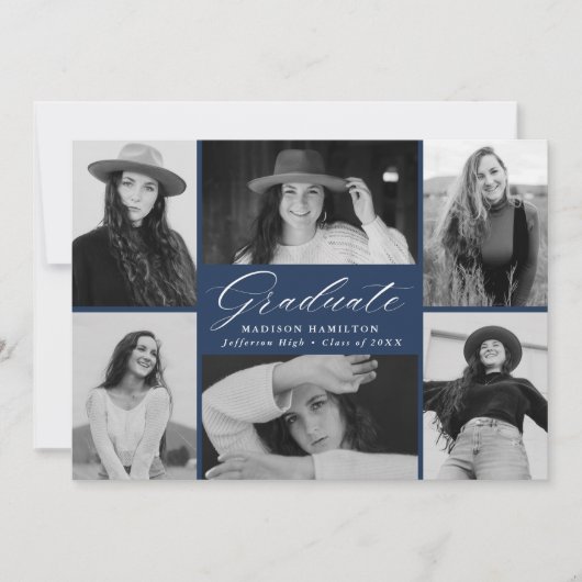 Elegant Script Navy 6 Photo Collage Afstuderen Aankondiging (Voorkant)
