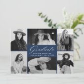 Elegant Script Navy 6 Photo Collage Afstuderen Aankondiging (Staand voorkant)