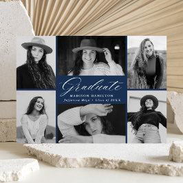 Elegant Script Navy 6 Photo Collage Afstuderen Aankondiging