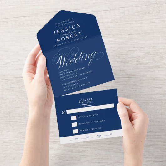 Elegant Script Navy and White Calligraphy Wedding All In One Uitnodiging (Afscheurbaar)