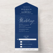 Elegant Script Navy and White Calligraphy Wedding All In One Uitnodiging (Binnen)