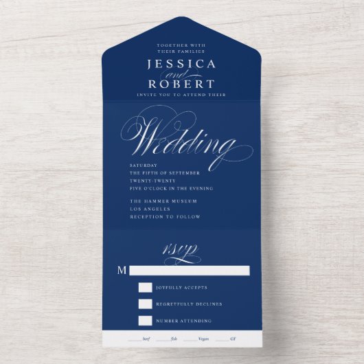 Elegant Script Navy and White Calligraphy Wedding All In One Uitnodiging (Binnen)