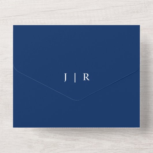 Elegant Script Navy and White Calligraphy Wedding All In One Uitnodiging (Achterkant)