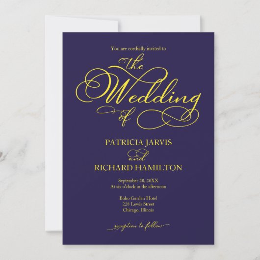 Elegant Script Navy Blau Geel Bruiloft Kaart (Voorkant)