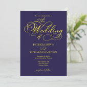Elegant Script Navy Blau Geel Bruiloft Kaart (Staand voorkant)