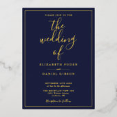 Elegant Script Navy Blauwe Trouw Goud Folie Uitnodiging (Voorkant)