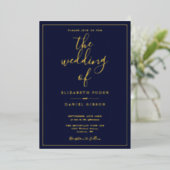 Elegant Script Navy Blauwe Trouw Goud Folie Uitnodiging (Staand Voorkant)