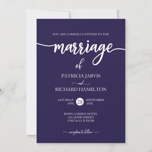 Elegant Script Navy Blauwe Trouw Kaart (Voorkant)