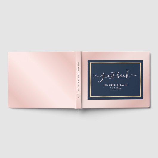 Elegant Script Navy Blue Blush and Gold Wedding Gastenboek (Volledig)