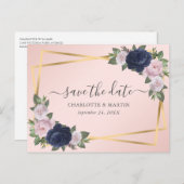 Elegant Script Navy Blue Blush Gold Save the Date Aankondigingskaart (Voorkant / Achterkant)