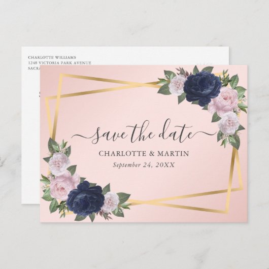 Elegant Script Navy Blue Blush Gold Save the Date Aankondigingskaart (Voorkant / Achterkant)