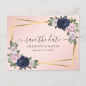 Elegant Script Navy Blue Blush Gold Save the Date Aankondigingskaart (Voorkant)