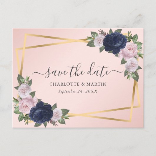 Elegant Script Navy Blue Blush Gold Save the Date Aankondigingskaart (Voorkant)