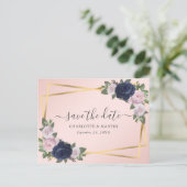 Elegant Script Navy Blue Blush Gold Save the Date Aankondigingskaart (Staand voorkant)