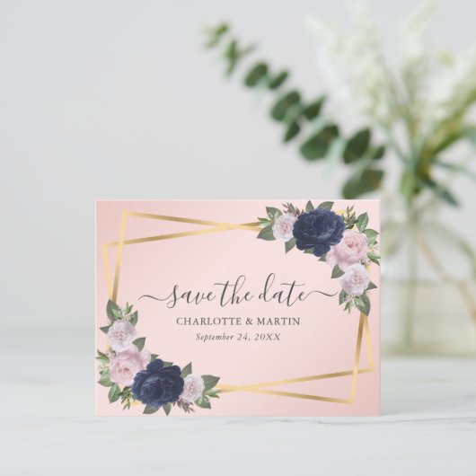 Elegant Script Navy Blue Blush Gold Save the Date Aankondigingskaart (Staand voorkant)