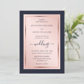 Elegant Script Navy Blue Blush Roos Gold Wedding Kaart (Staand voorkant)