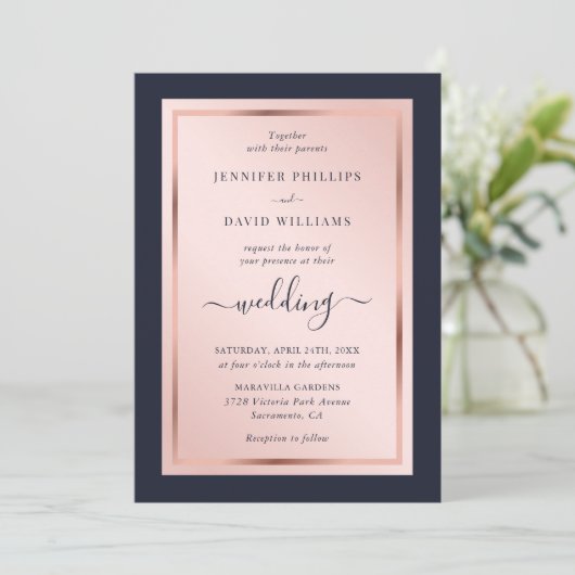 Elegant Script Navy Blue Blush Roos Gold Wedding Kaart (Staand voorkant)