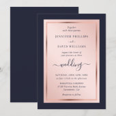 Elegant Script Navy Blue Blush Roos Gold Wedding Kaart (Voorkant / Achterkant)