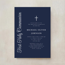 Elegant Script Navy Blue Boy First Communion Kaart