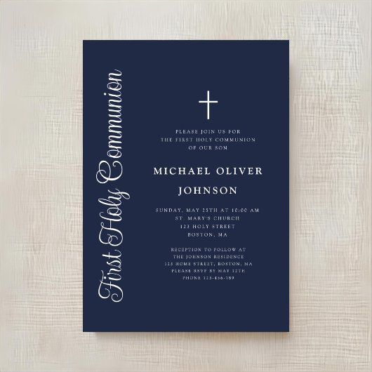 Elegant Script Navy Blue Boy First Communion Kaart