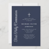 Elegant Script Navy Blue Boy First Communion Kaart (Voorkant)