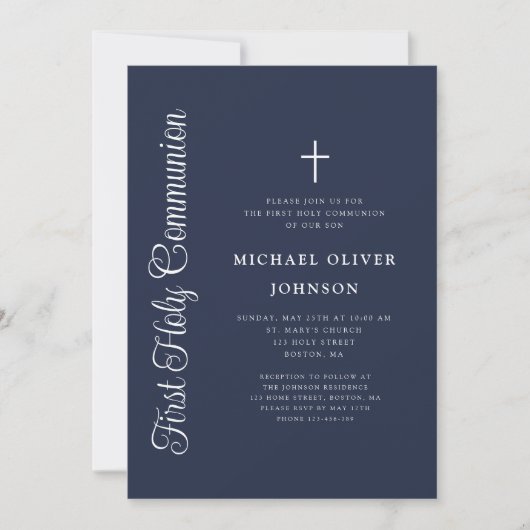 Elegant Script Navy Blue Boy First Communion Kaart (Voorkant)
