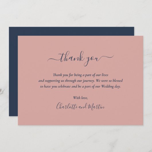 Elegant Script Navy Blue en Blush Hartelijk dank Bedankkaart (Voorkant / Achterkant)