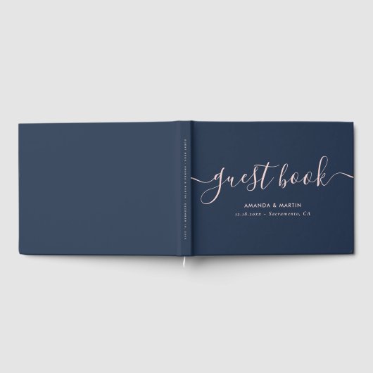 Elegant Script Navy Blue en Blush Wedding Gastenboek (Volledig)