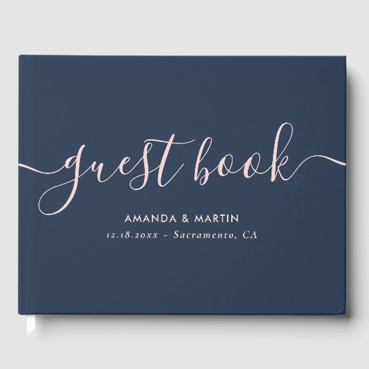 Elegant Script Navy Blue en Blush Wedding Gastenboek (Voorkant)