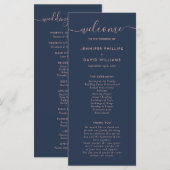 Elegant Script Navy Blue en Blush Wedding Programmakaart (Voorkant / Achterkant)