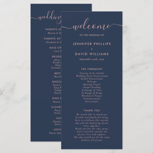 Elegant Script Navy Blue en Blush Wedding Programmakaart (Voorkant / Achterkant)