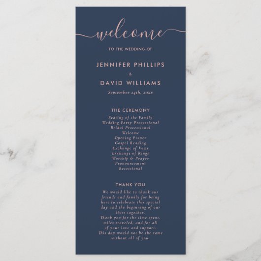 Elegant Script Navy Blue en Blush Wedding Programmakaart (Voorkant)