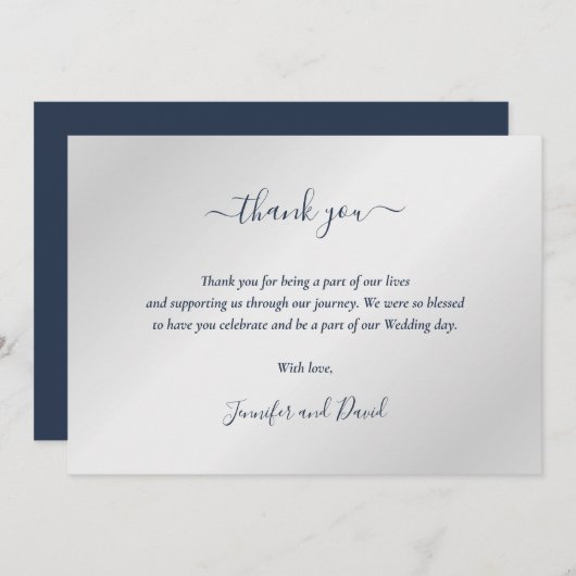 Elegant Script Navy Blue en Silver Hartelijk dank Bedankkaart (Voorkant / Achterkant)