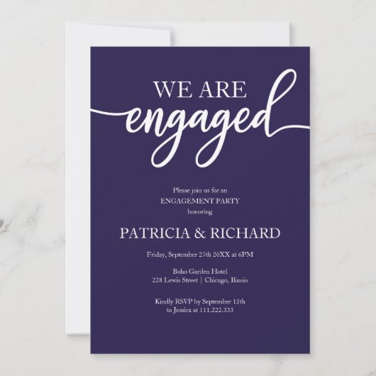 Elegant Script Navy Blue Engagement Party Kaart (Voorkant)