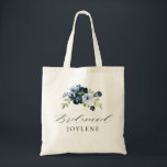 elegant script navy blue floral bridesmaid tote bag<br><div class="desc">eenvoudig kalligrafiescript waterverf navy blue floral bridesmaid canvas tas</div>