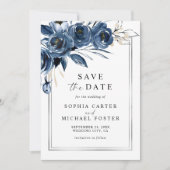Elegant Script Navy Blue Floral Photo Wedding Save The Date (Voorkant)