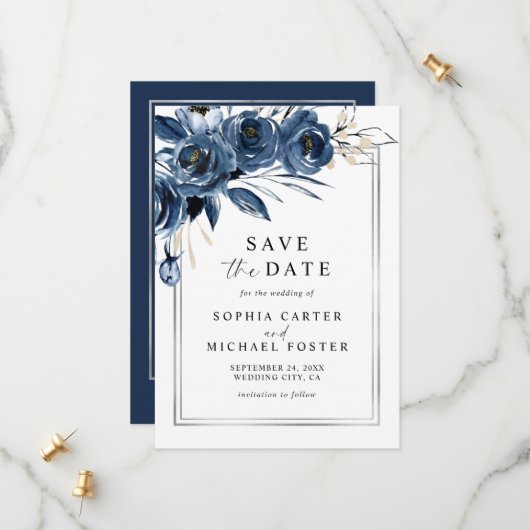 Elegant Script Navy Blue Floral Photo Wedding Save The Date (Voorkant / Achterkant in situ)