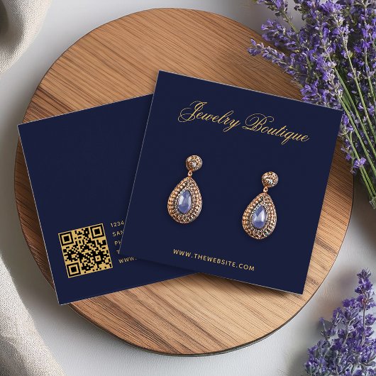 Elegant Script Navy Blue Gold Earring Display Kaar Vierkante Visitekaartjes